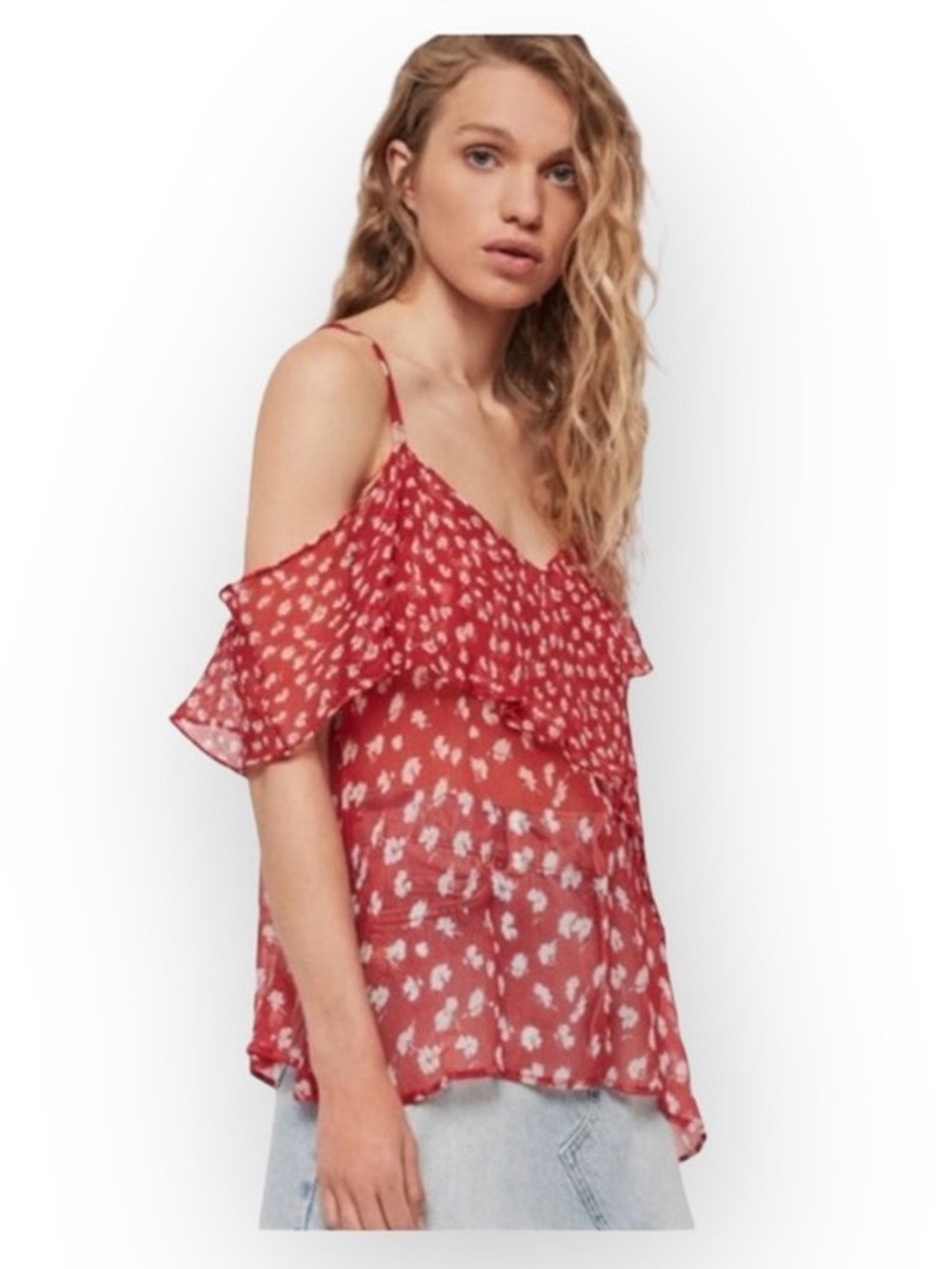 new All Saints ✿ Off Shoulder Silk Semi Sheer Flowy Print Top ✿ Red Floral ✿ 6 ✿